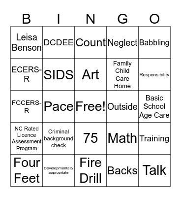 Child Care Provider Bingo  Bingo Card