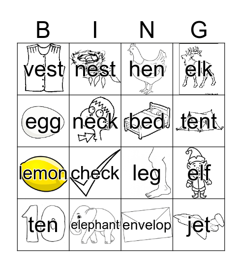 Short "e" Sound Bingo Card