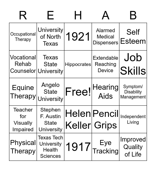 REHAB ASSOCIATION GAME NIGHT Bingo Card