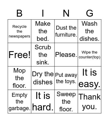 Cleaning The House Bingo Card