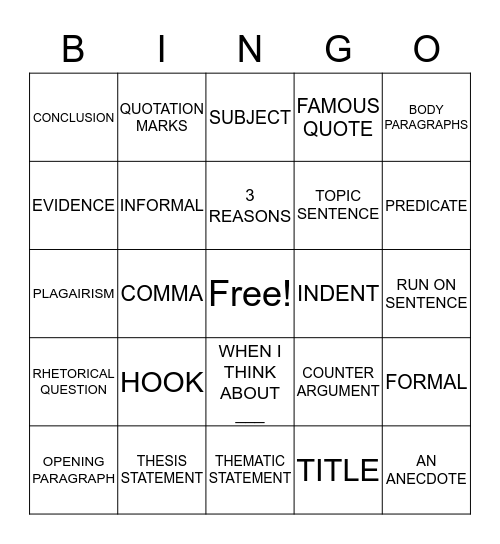 ESSAY BINGO Card