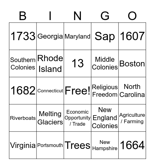 13 Colonies Review Bingo Card