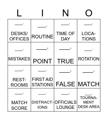 LINE UMPIRE BINGO: Circle the best/correct answer from our modules and put in the question number in the blank space. When you have completed a vertical row, horizontal column, or a diagonal Call out "LINO!" Bingo Card