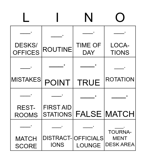 LINE UMPIRE BINGO: Circle the best/correct answer from our modules and put in the question number in the blank space. When you have completed a vertical row, horizontal column, or a diagonal Call out "LINO!" Bingo Card