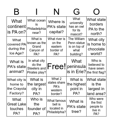 PENNSYLVANIA Bingo Card
