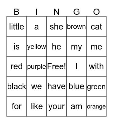 K sight words and Color words Bingo Card