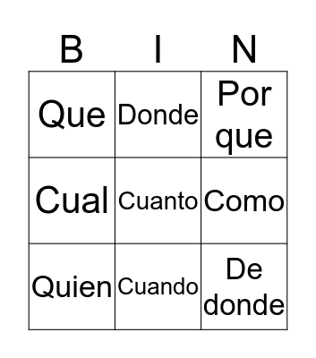 Spanish Interrogatives Bingo Card