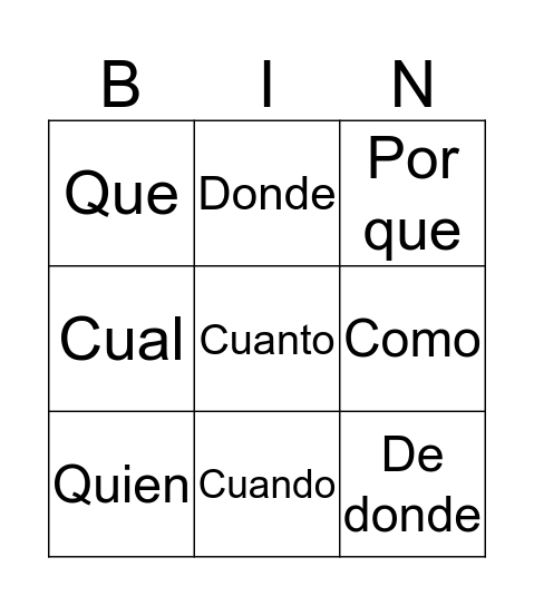 Spanish Interrogatives Bingo Card