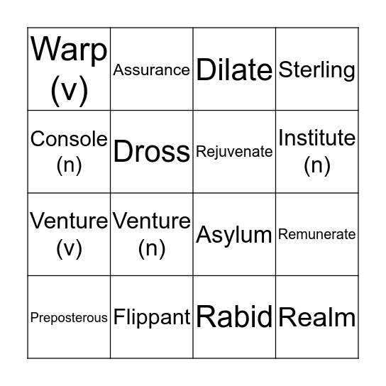 Unit 8 Vocabulary Bingo Card
