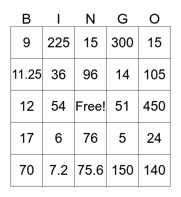 % of number Bingo Card
