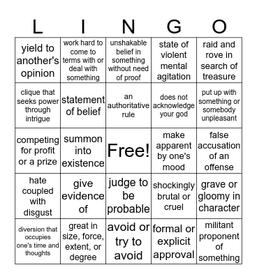 Vocabulary #1 LA 3 Bingo Card