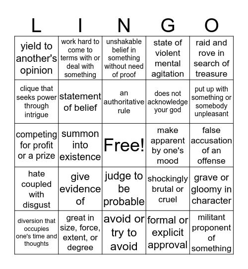 Vocabulary List #3 Bingo Card