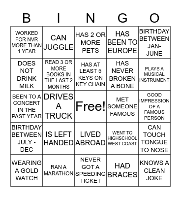 NVR ICE BREAKER BINGO Card