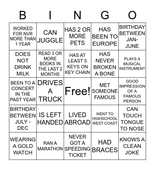 NVR ICE BREAKER BINGO Card