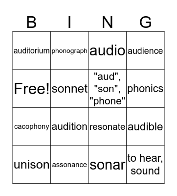 Word Roots "aud", "son", "phon" Bingo Card