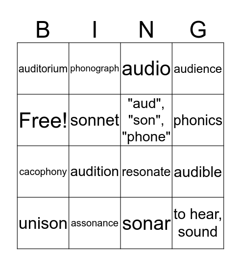 Word Roots "aud", "son", "phon" Bingo Card