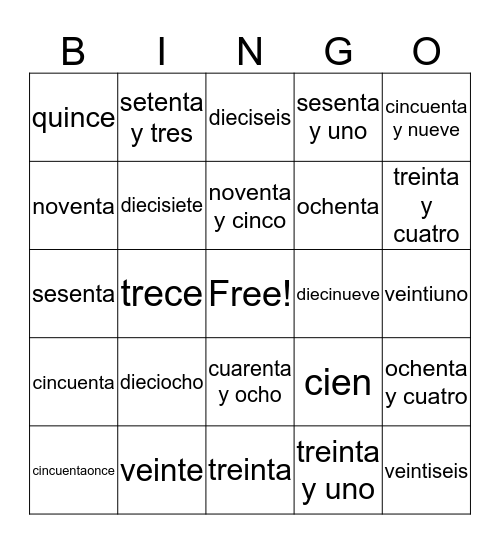 Numbers 11-100 Bingo Card