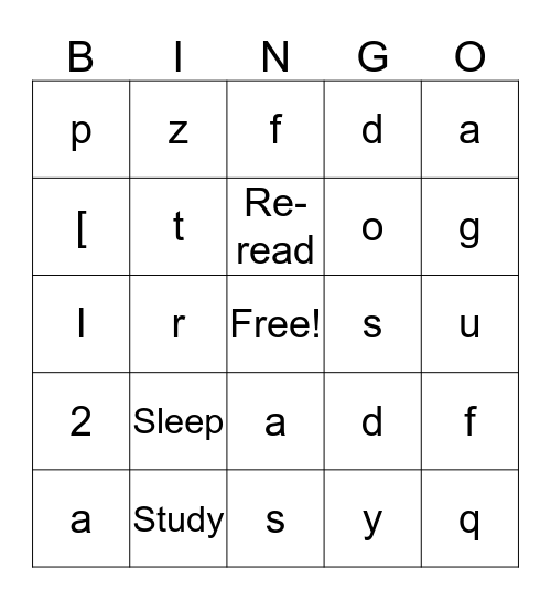 Test Prep Bingo Card