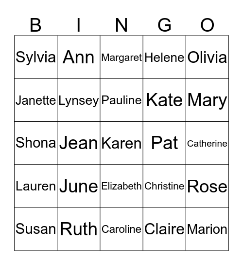 Girls Names Bingo Card