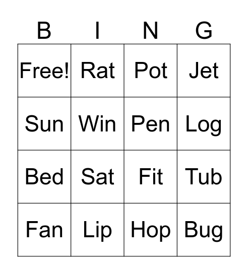 Mixed Short Vowels Bingo Card