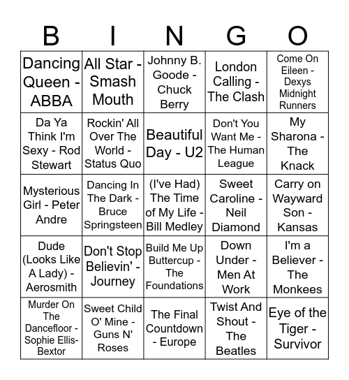 St Columba's Jukebox Bingo Card