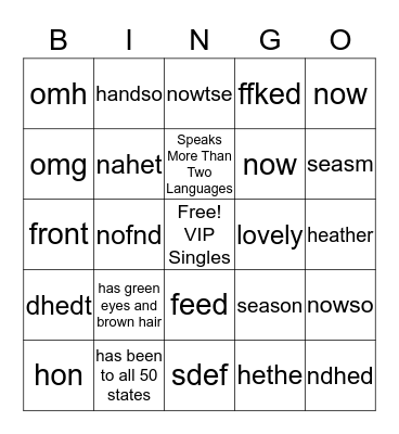 VIP SINGLES MINGLE Bingo Card