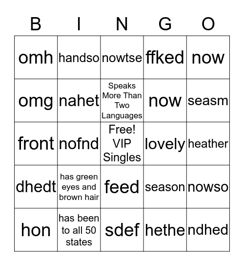 VIP SINGLES MINGLE Bingo Card