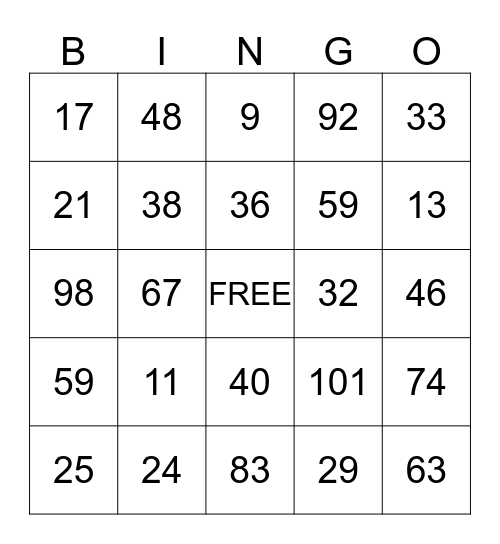 Number Bingo Card