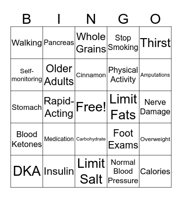 Diabetes Bingo Card