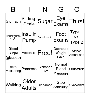 Diabetes Bingo Card