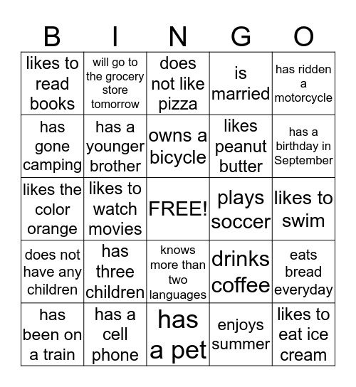 Classmates Bingo Card