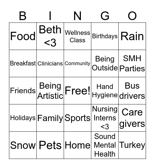 Sound Mental Health Gratitude Bingo Card