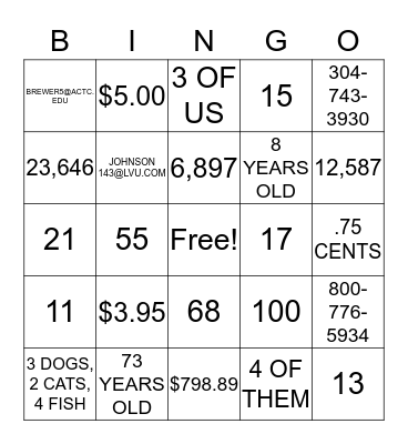 NUMBERS Bingo Card