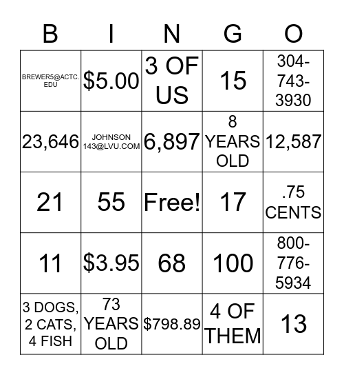 NUMBERS Bingo Card