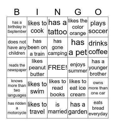 Classmates Bingo Card