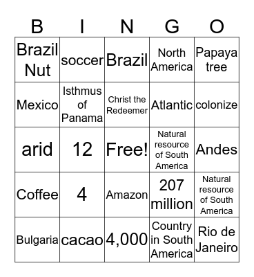 South America Bingo Card