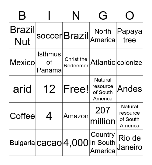 South America Bingo Card