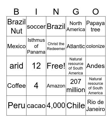 South America Bingo Card