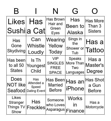 VIP SINGLES MINGLE Bingo Card