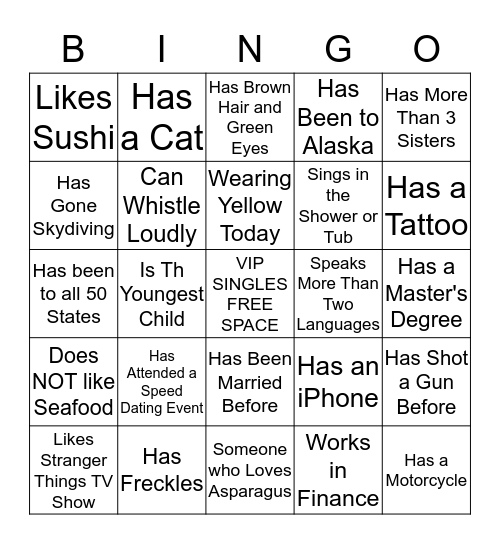 VIP SINGLES MINGLE Bingo Card