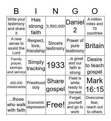 Missionary Work Bingo Card