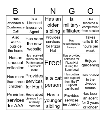 Liveops Bingo Card