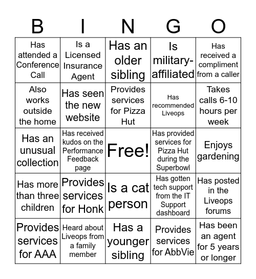 Liveops Bingo Card