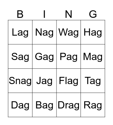 -ag Word Family Bingo Card