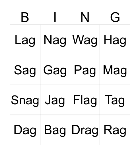 -ag Word Family Bingo Card