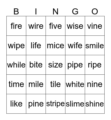 Long I  VCE  Bingo Card