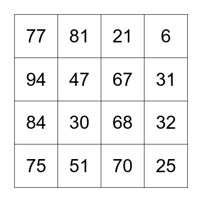 Multiplication Bingo Card