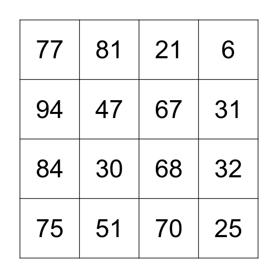 Multiplication Bingo Card