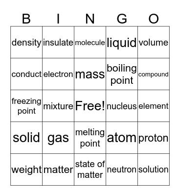 Matter Vocabulary  Bingo Card