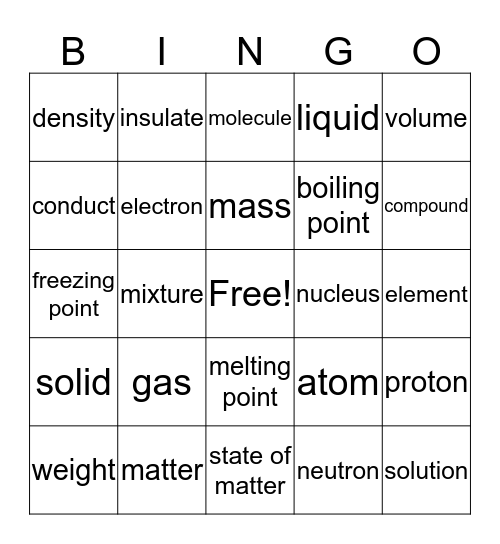 Matter Vocabulary  Bingo Card